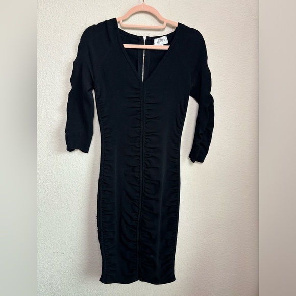 Milly Black Shirred Ribbed V-Neck Bodycon Knee Length Dress S - Picture 3 of 11
